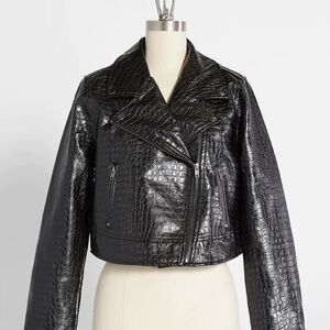 ModCloth Rock Moto Jacket Crocodile Embossed Faux Leather Black Size XS NWT